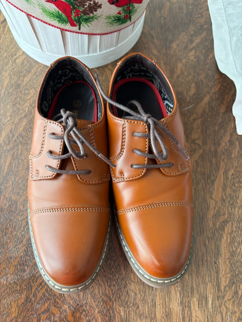 Boys Tan Dress Oxfords — Lace-Up Cap-Toe